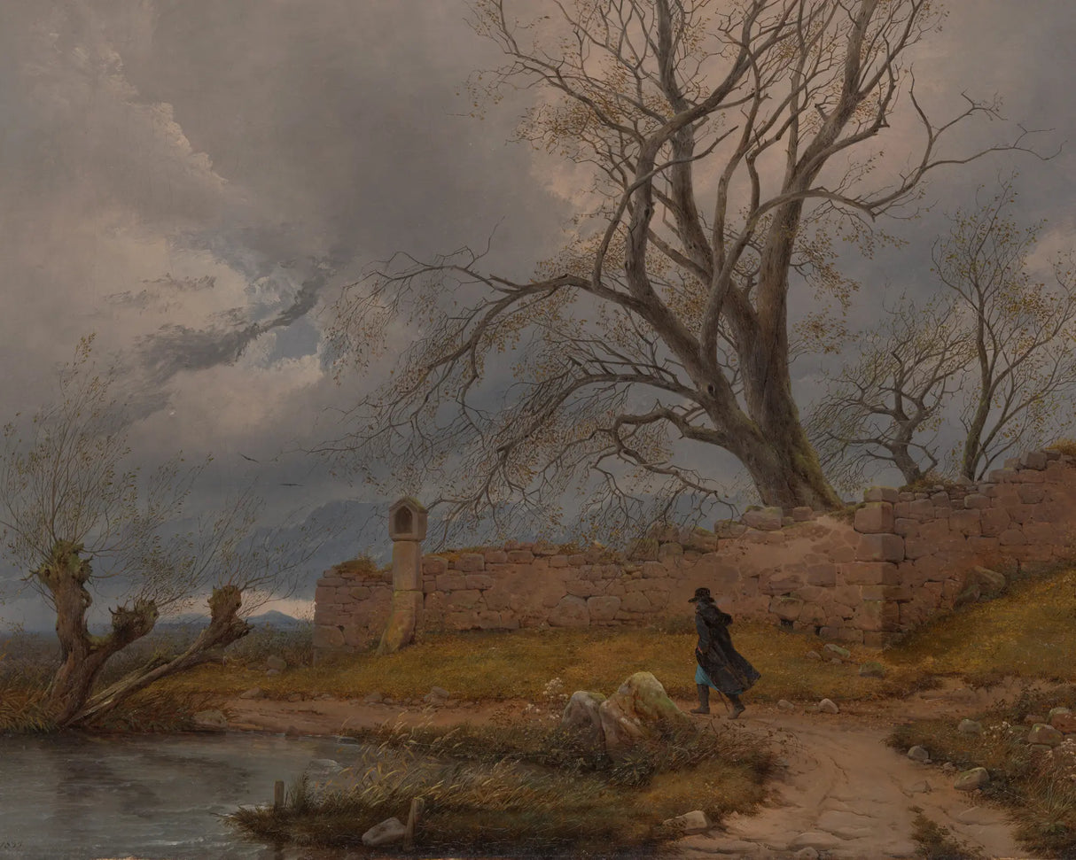 person taking a walk near a pond and trees that are losing their leaves