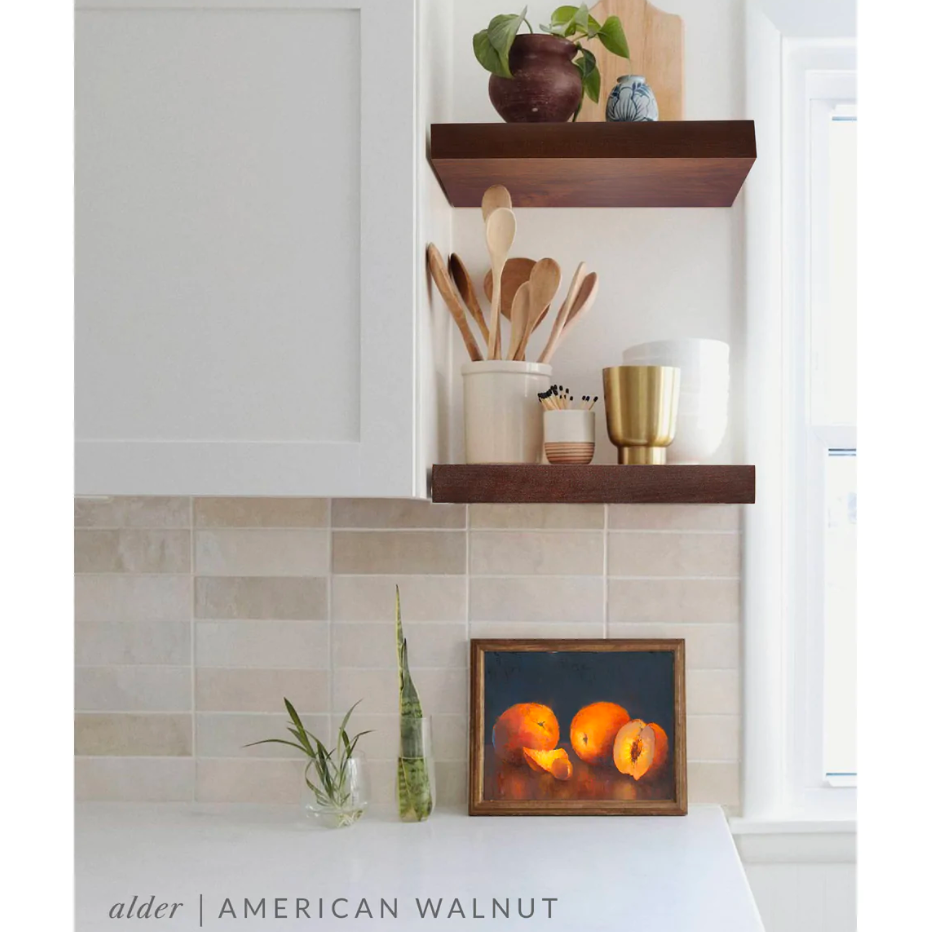 alder floating shelves in kitchen with American walnut finish applied