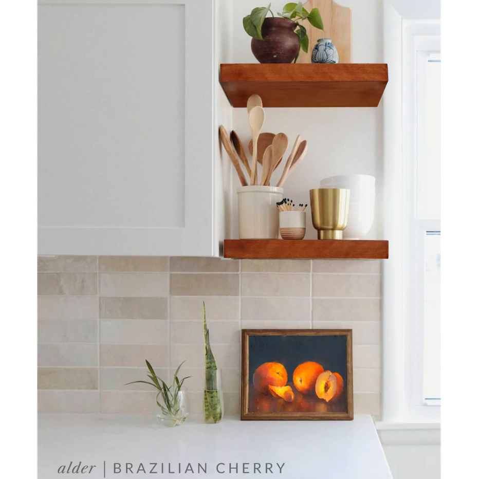 alder floating shelves in kitchen with Brazilian cherry finish applied