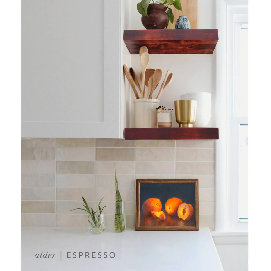 alder floating shelves in kitchen with espresso finish applied