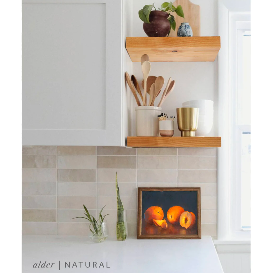 alder floating shelves in kitchen with natural finish applied