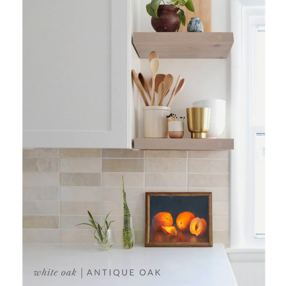 white oak floating shelves in a kitchen with the Antique finish applied decorated with kitchen utensils, a plant, charcuterie board, and vases