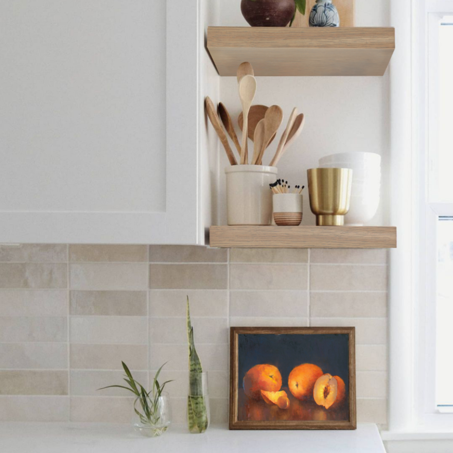 white oak floating shelves in a kitchen with the umber grey finish applied decorated with kitchen utensils, a plant, charcuterie board, and vases