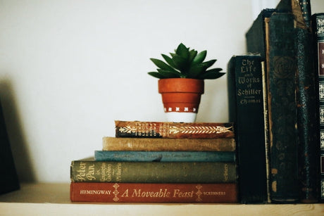 A small collection of books on a floating shelf in a home library.