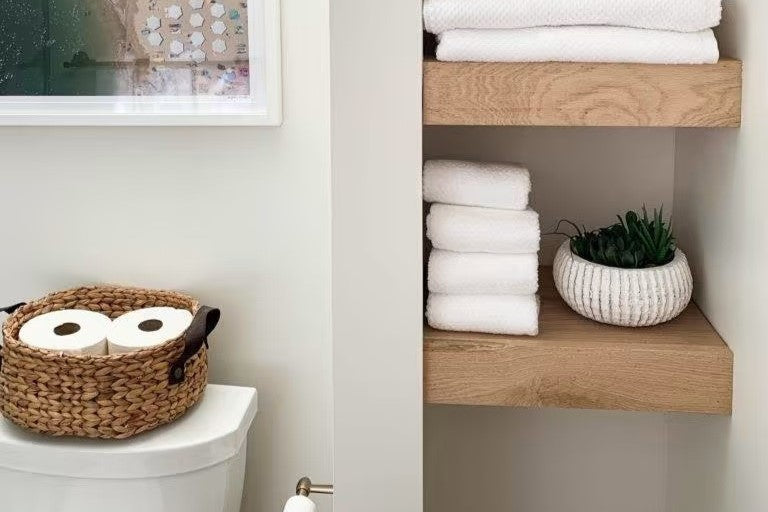 Creative and fun floating shelves in a bathroom