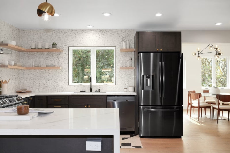 Corner shelves in a bright and clean kitchen