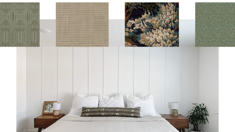 An image of a bed and four pattern swatches