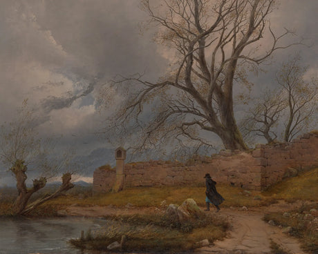 person taking a walk near a pond and trees that are losing their leaves